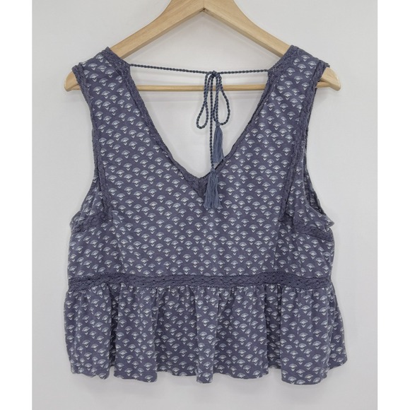 Lucky Brand Blue Cropped Babydoll Crochet Peplum Tank Top Sz L Boho Y2K Festival - Picture 2 of 9
